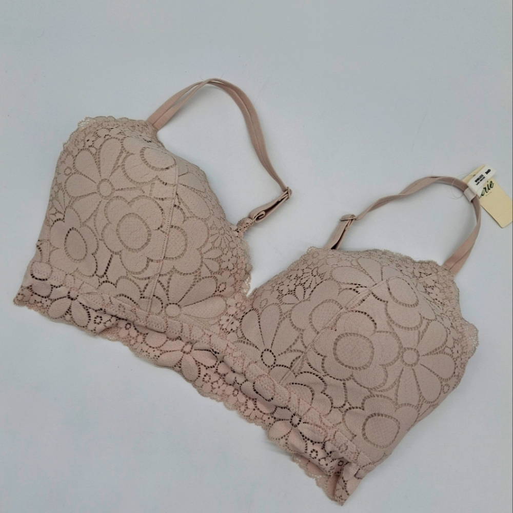 Aerie Real Happy Lightly Lined Candy Lace Bra Soft Satin Beige 36D